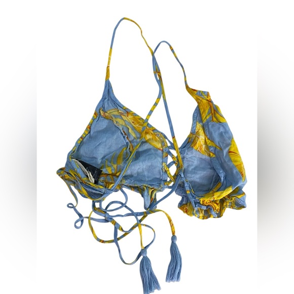 Molly Green Blue Yellow Tropical Floral Ruffle Triangle Top 100% Rayon Women's M - Picture 3 of 12